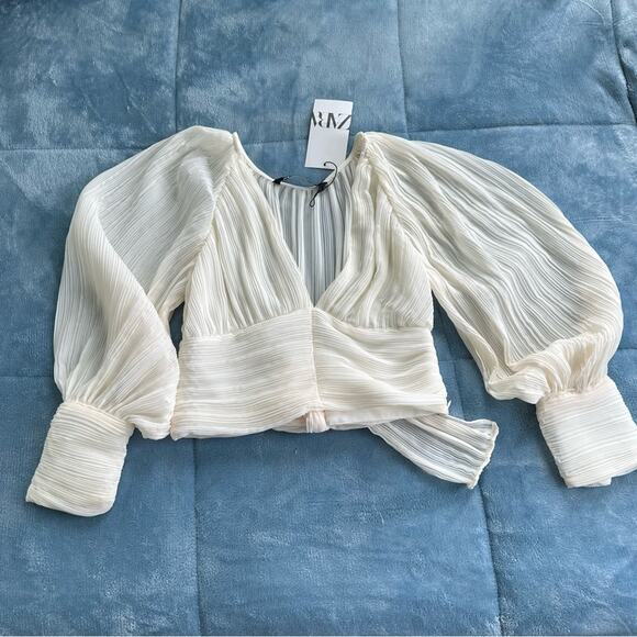 Zara Pleated Crepe Blouse Crop Top Tie Bow Back - Picture 6 of 10
